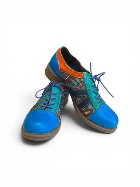 Colorful Patchwork Leather Lace-Up Shoes - Bright Blue & Teal